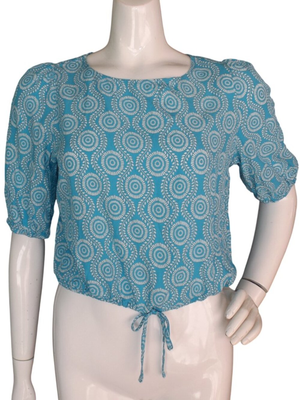 PIOMBO Top, XS, Blue/White swirls, Crop/waist lenght, Drawstring, Light Viscose
